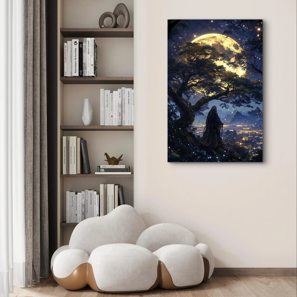 Mystical Wizard Under a Giant Glowing Moon 40x60cm Metal Print Ready to Hang