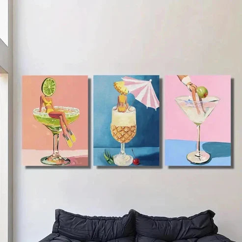 3pcs Woman in Cocktail Wine Glass Wall Art Set Canvas Unframed - High Quality Print 100% Australian Made Wall Canvas