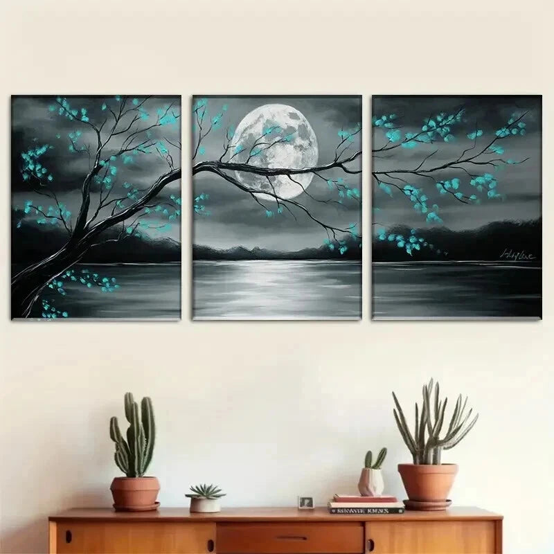 3pcs Gray and Teal Floral Landscape & Full Moon Wall Art Set Canvas Framed 50x70cm - High Quality Print 100% Australian Made Wall Canvas Ready to Hang - Bella Home Decor