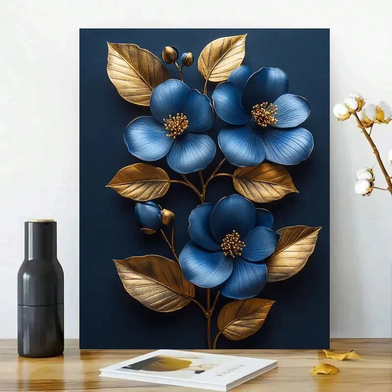 Elegant Blue and Golden Floral Golden 40x60cm Metal Print Ready to Hang
