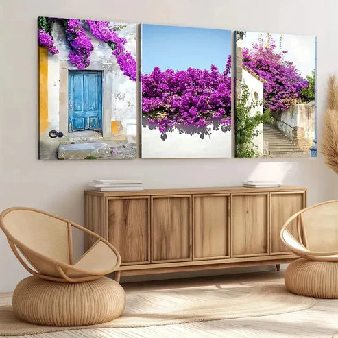 3pcs Portuguese Purple Florals Green Leaves Wall Art Set Canvas Unframed - High Quality Print 100% Australian Made Wall Canvas