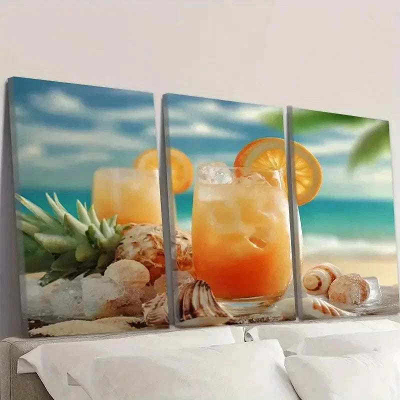 3pcs Tropical Orange Juice with Ice Cubes Wall Art Set Canvas Framed 40x60cm - High Quality Print 100% Australian Made Wall Canvas Ready to Hang
