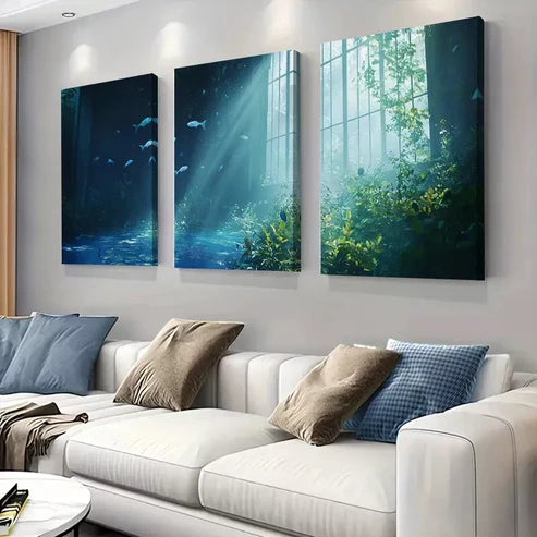 3pcs Tranquil Underwater Scene with Light Rays Wall Wall Art Canvas Unframed - High Quality Print 100% Australian Made Wall Canvas