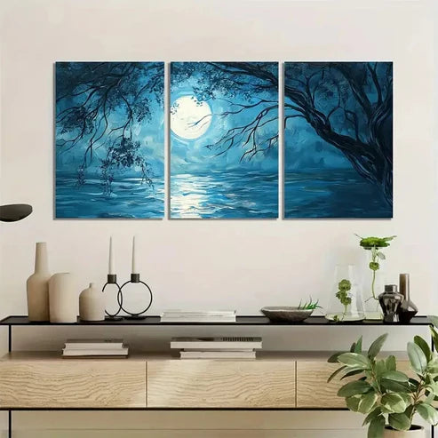 3pcs Blue Landscape with Full Moon & Trees Wall Art Set Canvas Unframed - High Quality Print 100% Australian Made Wall Canvas - Bella Home Decor