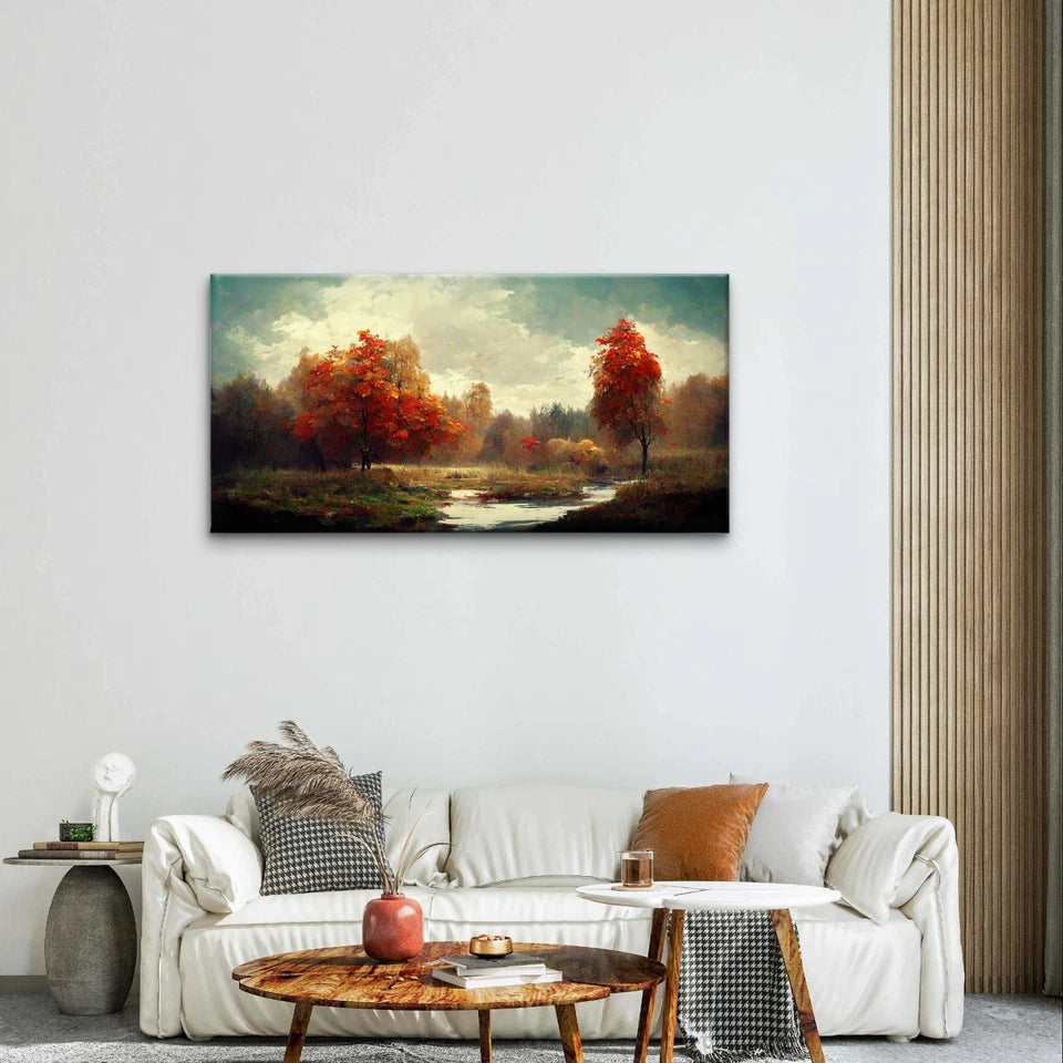 Autumn Landscape River and Red Trees Wall Art Canvas Office Home Framed 120x60cm