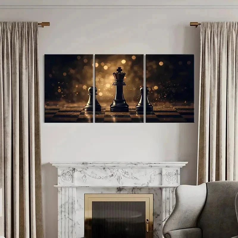 3pcs Black Gold Chessboard Modern Wall Art Set Canvas Framed 50x70cm - High Quality Print 100% Australian Made Wall Canvas Ready to Hang - Bella Home Decor