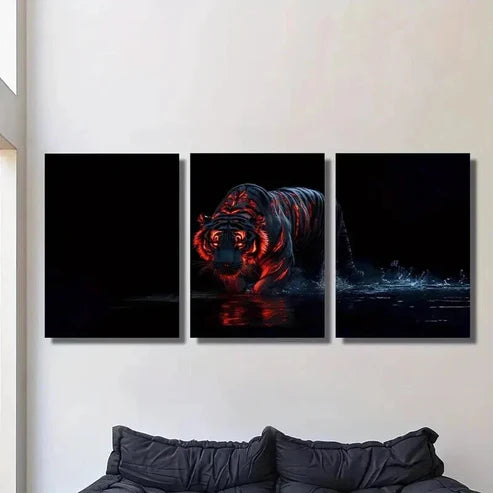 3pcs Stunning Fiery Tiger on Water Painting Wall Art Set Canvas Unframed - High Quality Print 100% Australian Made Wall Canvas
