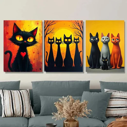 3pcs Black Cat Family Picture Modern Wall Art Set Canvas Unframed - High Quality Print 100% Australian Made Wall Canvas - Bella Home Decor
