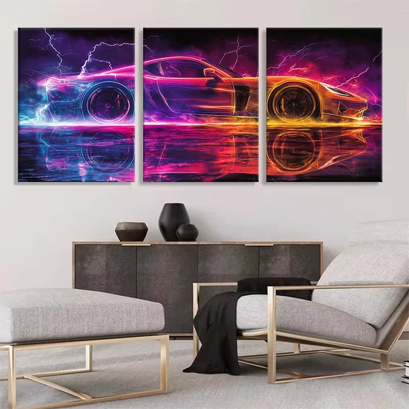 3pcs Featuring Glowing Sports Cars Metal Print Ready to Hang Art