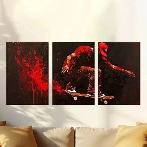 3pcs Vibrant Abstract Flame Skateboard Wall Art Canvas Unframed - High Quality Print 100% Australian Made Wall Canvas