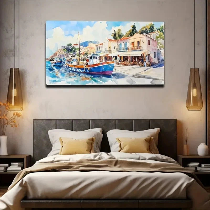 Vibrant Fishing Port Scene Wall Art Canvas Office Home Room Framed 120x60cm