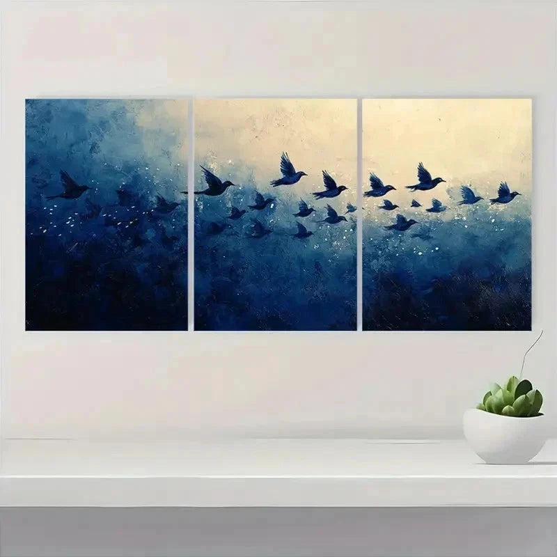 3pcs Abstract Navy Blue Bird Flock LO Wall Art Set Canvas Framed 50x70cm - High Quality Print 100% Australian Made Wall Canvas Ready to Hang - Bella Home Decor