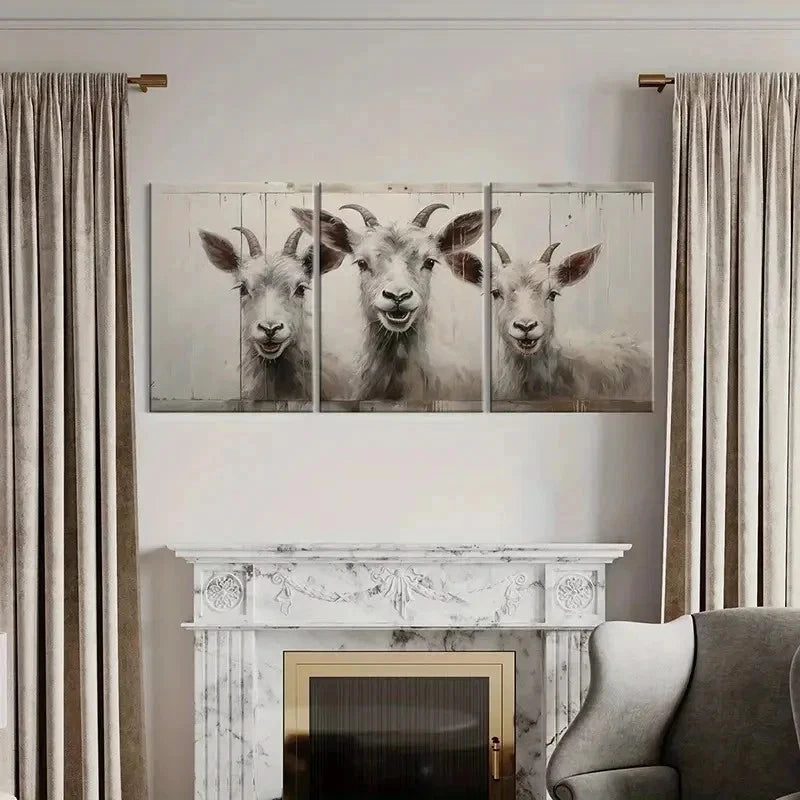 3pcs White Goats with Horns & Expressive Eyes Wall Art Set Canvas Framed 60x90cm - High Quality Print 100% Australian Made Wall Canvas Ready to Hang