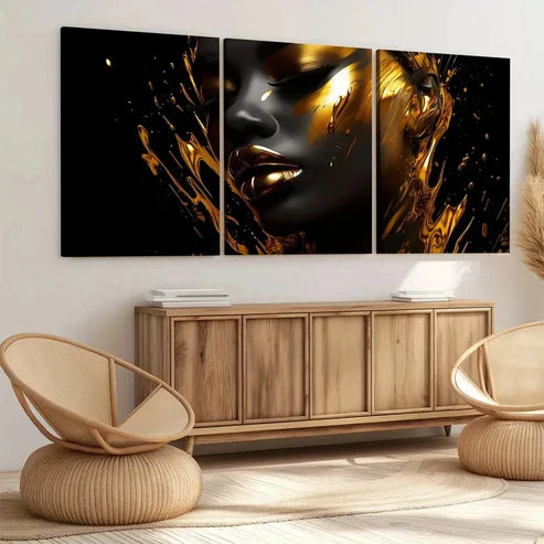3pcs Modern Art Beautiful Golden Lips and Eyes Wall Art Set Canvas Unframed - High Quality Print 100% Australian Made Wall Canvas