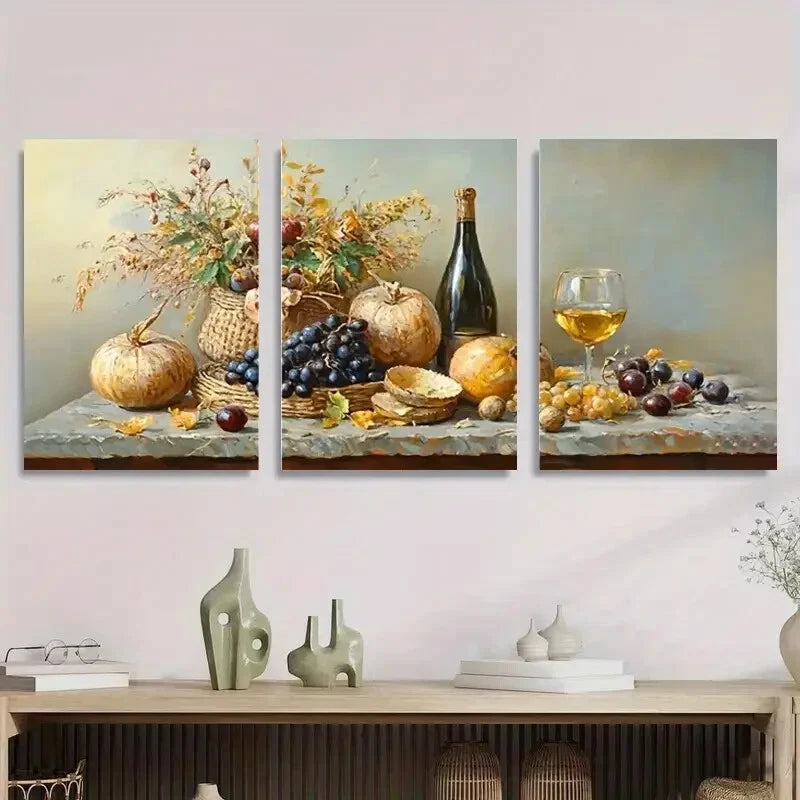3pcs Autumn Still Life Grapes & Pumpkins Metal Print Ready to Hang Art
