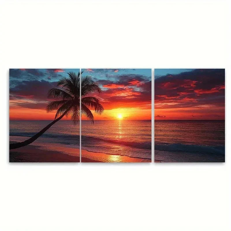 3pcs Sunset Seascape Palm Tree Paradise ET Wall Art Set Canvas Framed 50x70cm - High Quality Print 100% Australian Made Wall Canvas Ready to Hang