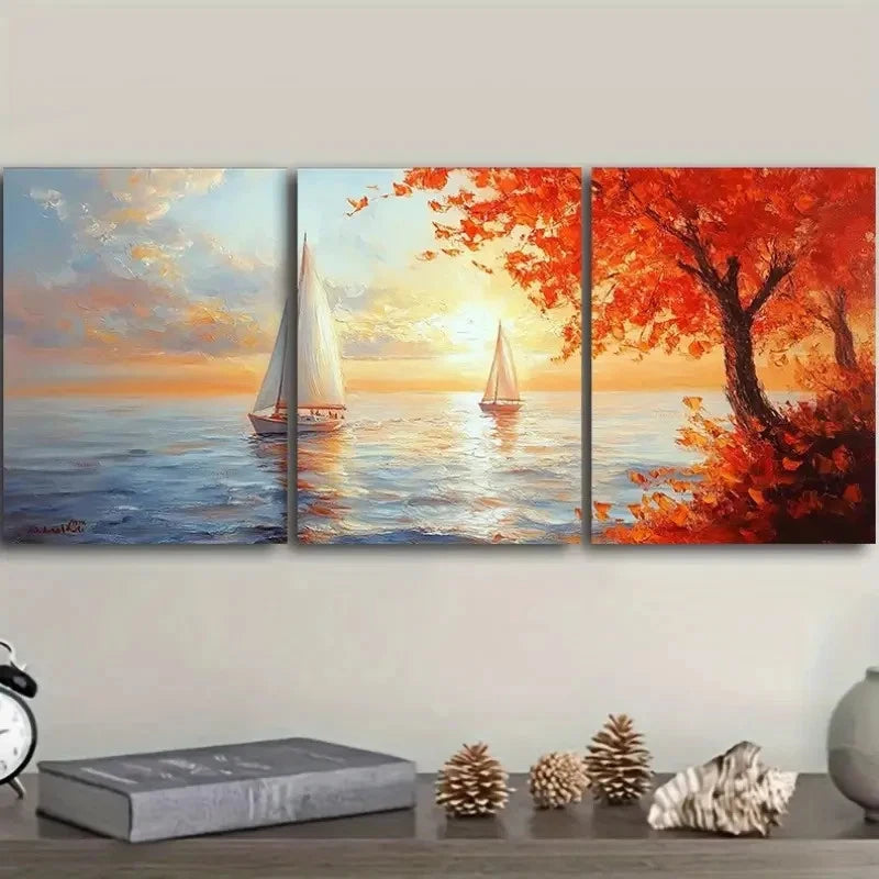 3pcs Serene Sailboat Sunset Wall Art Set Canvas Framed 40x60cm - High Quality Print 100% Australian Made Wall Canvas Ready to Hang