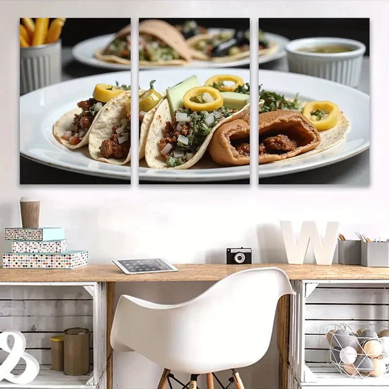 3pcs Vibrant Tacos with Avocado & Salsa Wall Art Set Canvas Framed 40x60cm - High Quality Print 100% Australian Made Wall Canvas Ready to Hang