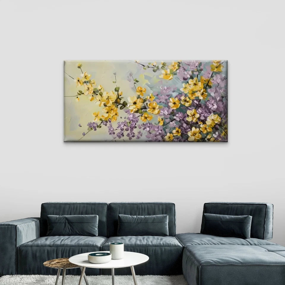 Yellow Purple Flowers Gray Wall Art Canvas Office Home Room Framed 120x60cm