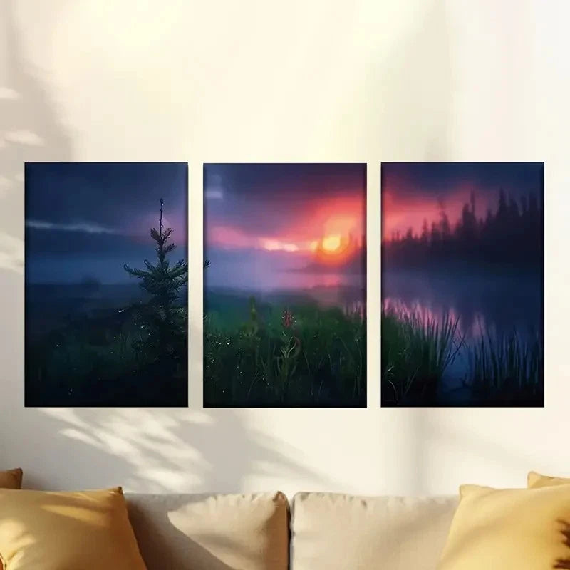3pcs Sunset with Pine Trees & Misty Mountains 60x90cm - High Quality Print 100% Australian Made Wall Canvas Ready to Hang