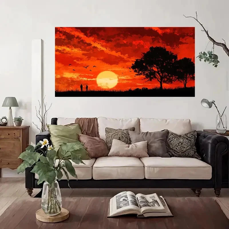 Modern Vintage Red & Orange Sun Wall Art Canvas Office Home Room Framed 120x60cm