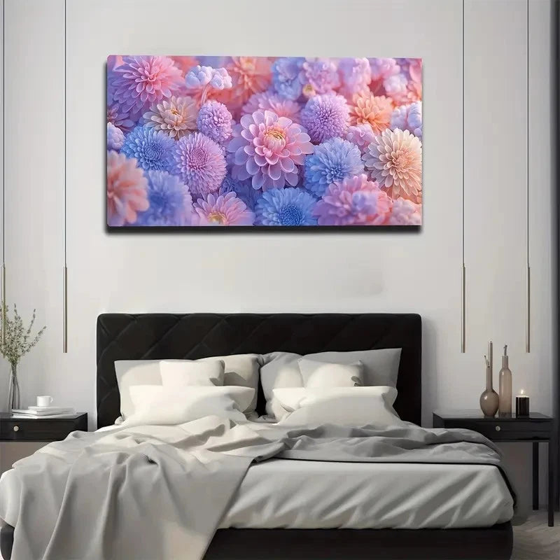 Bedroom with a colorful floral painting above the bed