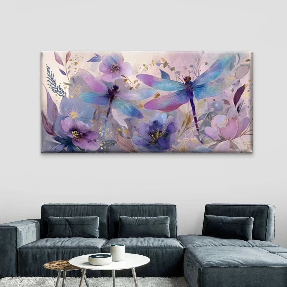 Dragonflies & Flowers Wall Art Canvas Office Home Room Framed 120x60cm