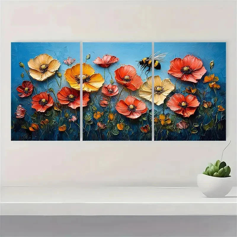 3pcs California Poppy Painting Bee FG Wall Art Set Canvas Framed 60x90cm - High Quality Print 100% Australian Made Wall Canvas Ready to Hang - Bella Home Decor