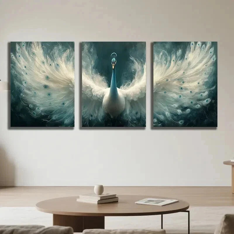 3pcs Majestic Blue & White Pea Rooster Wall Art Set Canvas Framed 50x70cm - High Quality Print 100% Australian Made Wall Canvas Ready to Hang