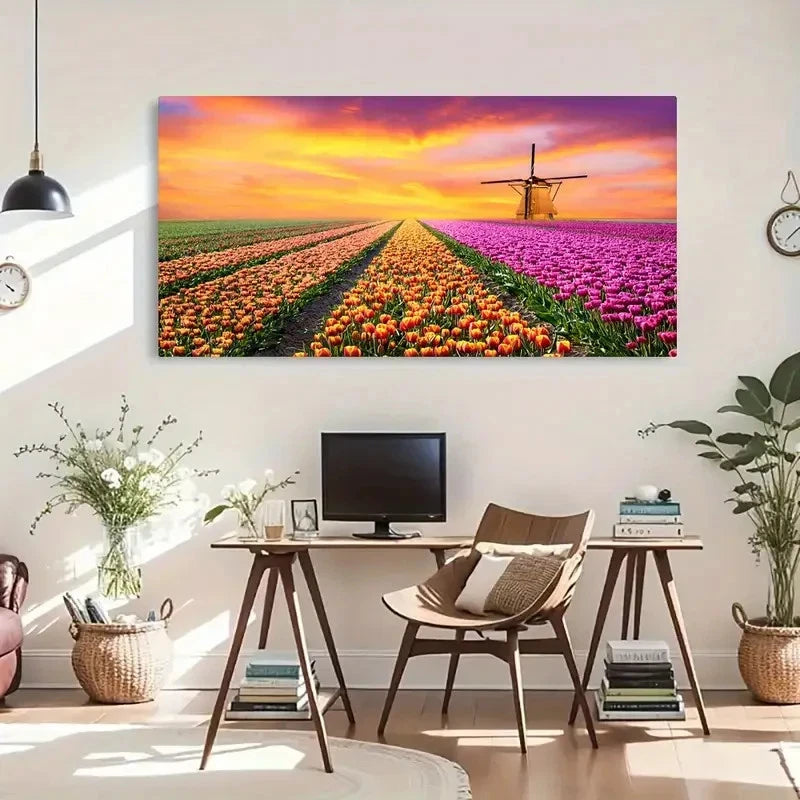 Vibrant Tulip Sea & Sunrise Wall Art Canvas Office Home Room Framed 120x60cm - Bella Home Decor