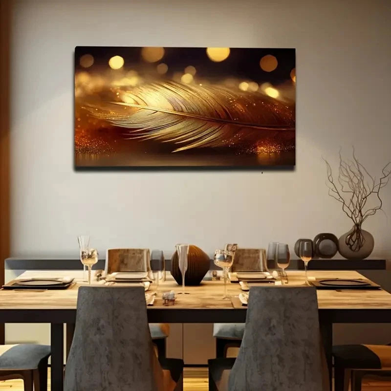 Vibrant Golden & Black Feather Wall Art Canvas Office Home Room Framed 120x60cm