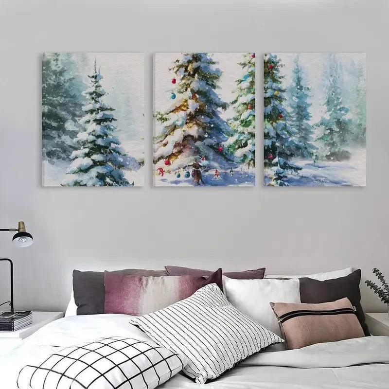 3pcs Trees with Snow Covered Pine Trees & Red Wall Art Set Canvas Framed 60x90cm - High Quality Print 100% Australian Made Wall Canvas Ready to Hang