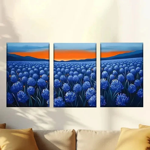 3pcs Painting of a Field of Blue Flowers Wall Art Canvas Unframed – High Quality Print 100% Australian Made Wall Canvas
