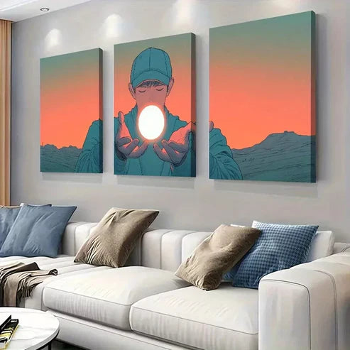 3pcs Boy Holding Glowing Sphere in Desert Wall Art Set Canvas Unframed - High Quality Print 100% Australian Made Wall Canvas - Bella Home Decor