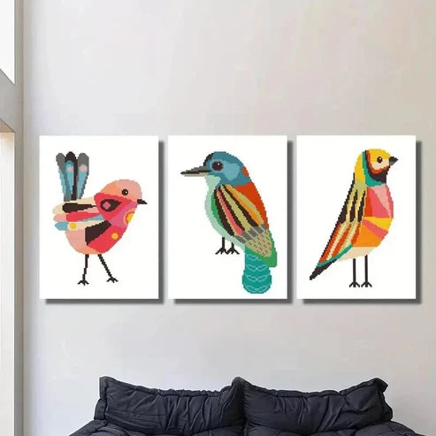 3pcs Geometric Birds Cross Stitch Pattern Wall Art Set Canvas Unframed - High Quality Print 100% Australian Made Wall Canvas - Bella Home Decor