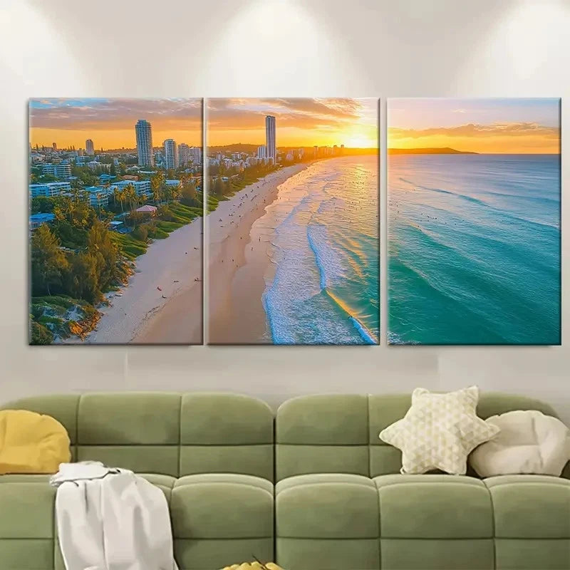 3pcs Burleigh Beach Travel Print Australia Wall Art Set Canvas Framed 60x90cm - High Quality Print 100% Australian Made Wall Canvas Ready to Hang - Bella Home Decor