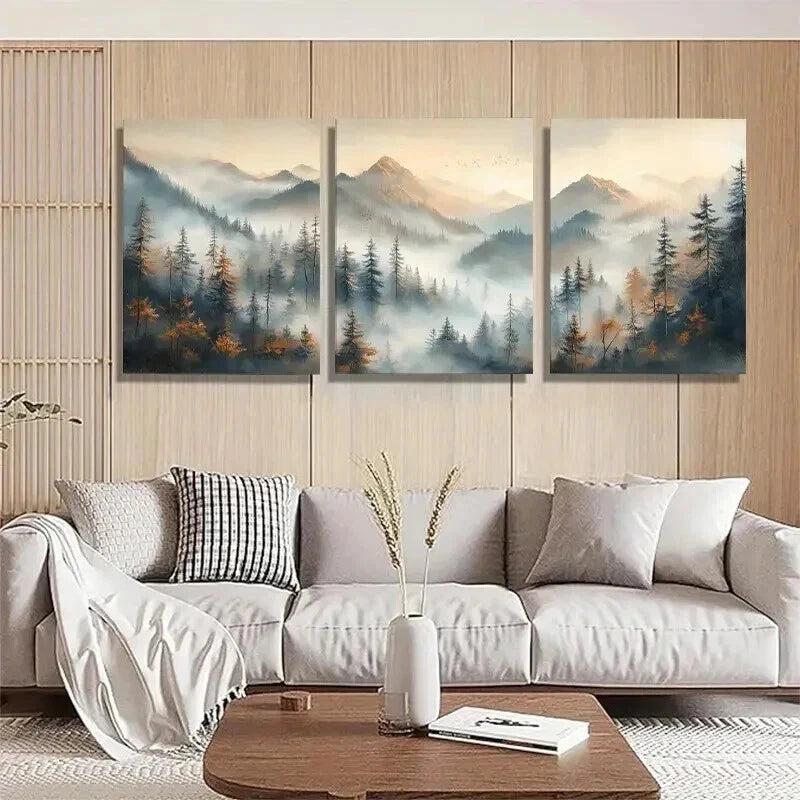 3pcs Misty Mountain Forest Tranquil Perfect Wall Art Set Canvas Framed 50x70cm - High Quality Print 100% Australian Made Wall Canvas Ready to Hang