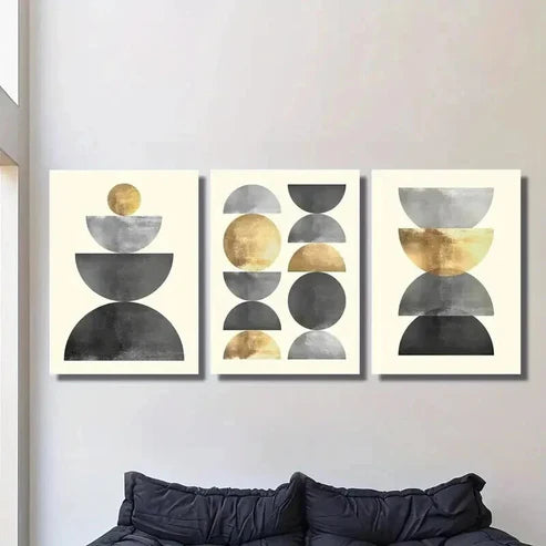 3pcs Golden & Metallic Geometric Circles Wall Art Set Canvas Unframed - High Quality Print 100% Australian Made Wall Canvas - Bella Home Decor