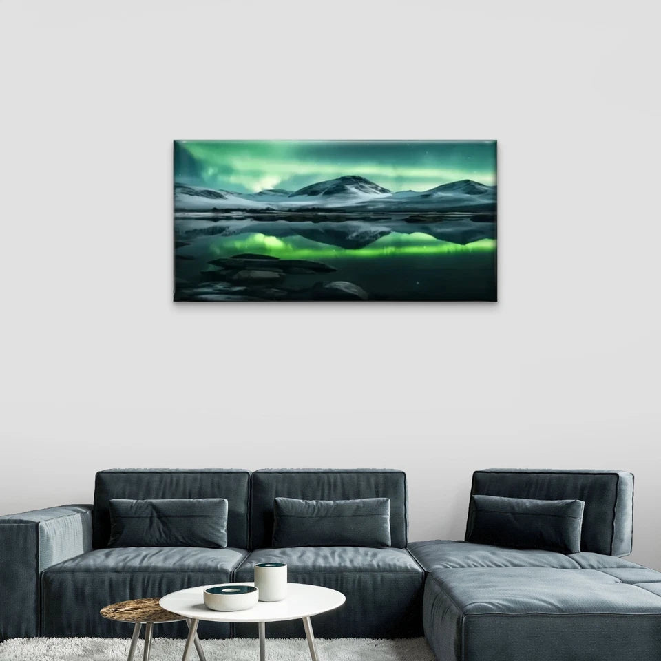 Green Aurora Mountain Lake Wall Art Canvas Office Home Room Framed 120x60cm