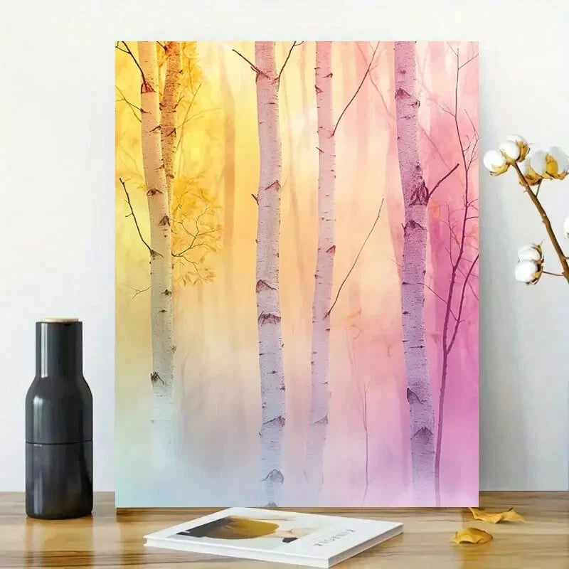 Beautiful White Birch Trees in The Forest, with Pastel 40x60cm Metal Print Ready to Hang
