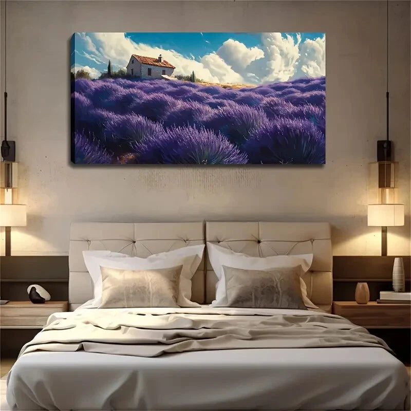 A Small House Lavender Field Wall Art Canvas Office Home Room Framed 120x60cm - Bella Home Decor