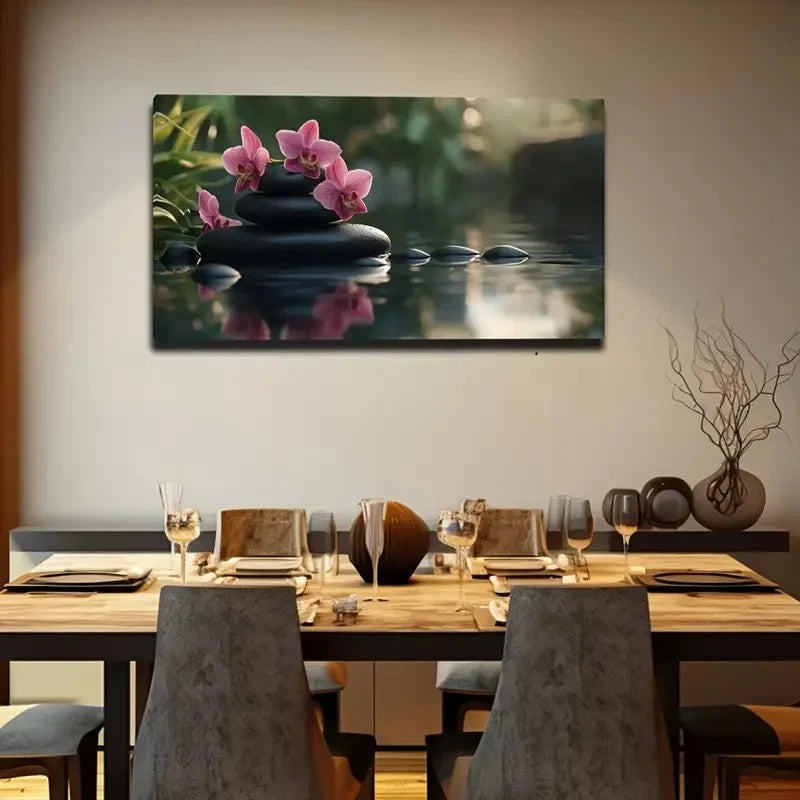 Stacked Stones & Pink Orchids Wall Art Canvas Office Home Room Framed 120x60cm