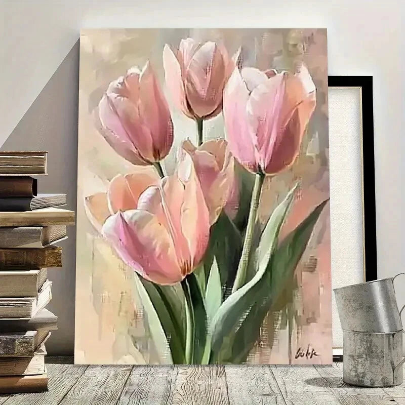 Vintage Pink Tulips Botanical Painting 40x60cm Metal Print Ready to Hang