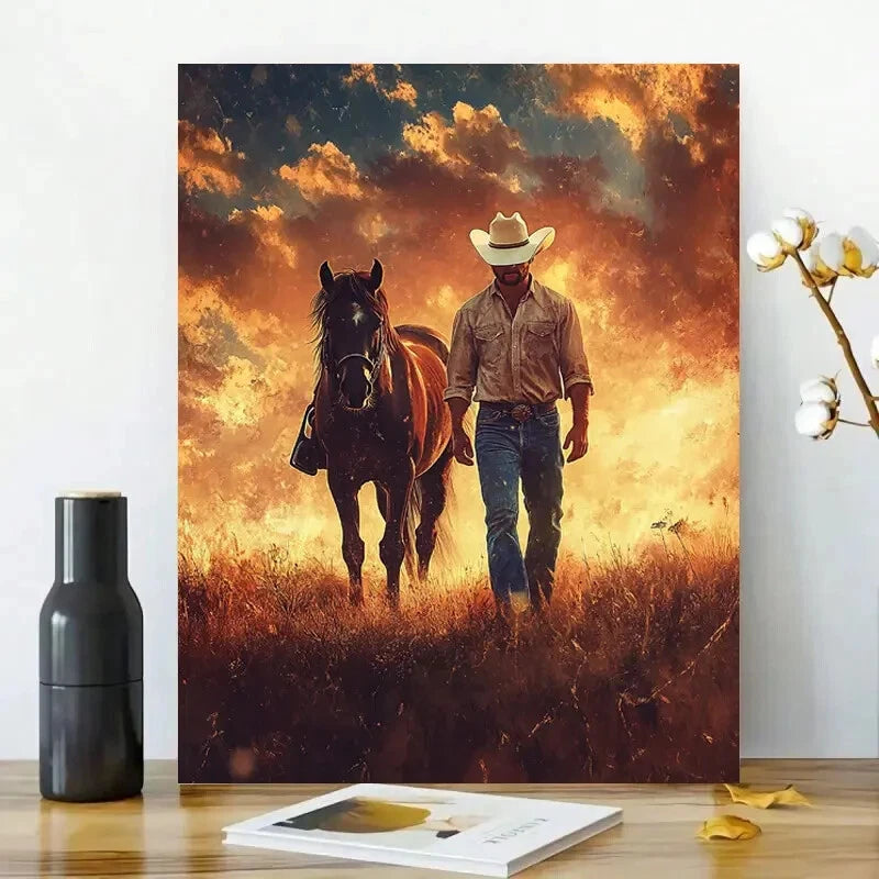 Rustic Cowboy and Horse Vibrant Sunset Scene 40x60cm Metal Print Ready to Hang