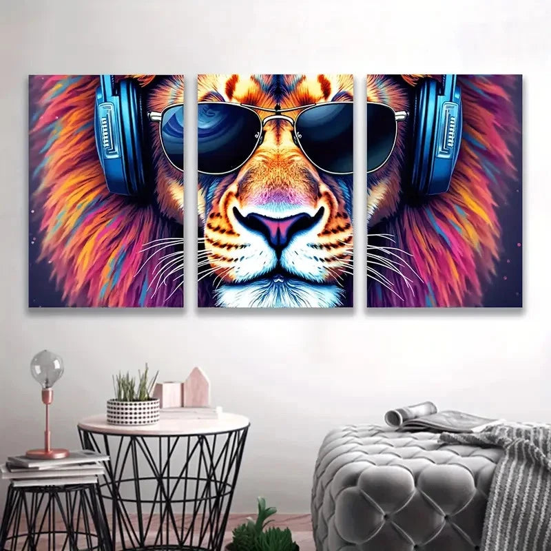 3pcs Lion with Headphones & Fashion Glasses I Wall Art Set Canvas Framed 50x70cm - High Quality Print 100% Australian Made Wall Canvas Ready to Hang