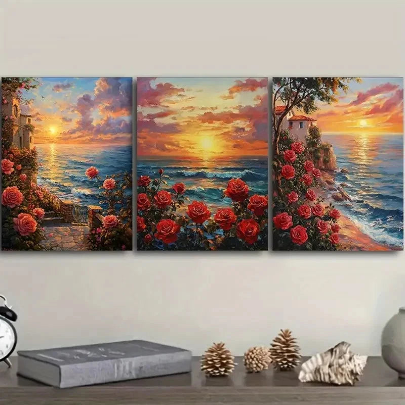 3pcs Sunset Seaside & Blooming Red Roses Wall Art Set Canvas Framed 60x90cm - High Quality Print 100% Australian Made Wall Canvas Ready to Hang - Bella Home Decor