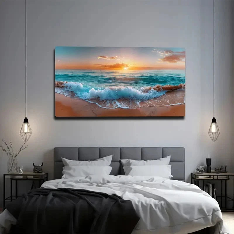 Vibrant Ocean Waves & Sandy Wall Art Canvas Office Home Room Framed 120x60cm
