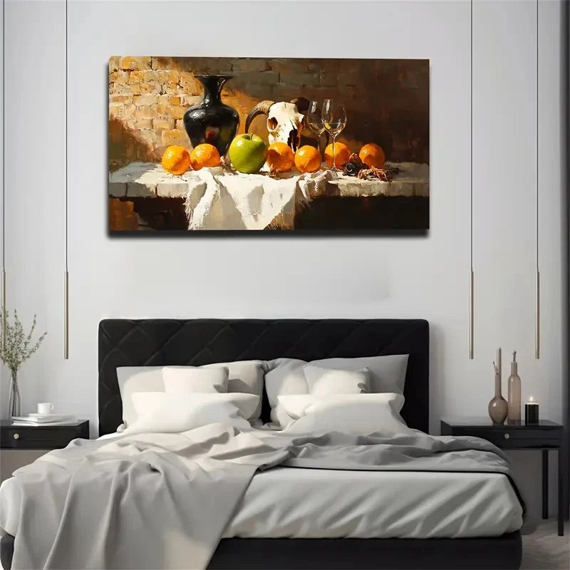 Wine Glasses Oranges Skull Wall Art Canvas Office Home Room Framed 120x60cm