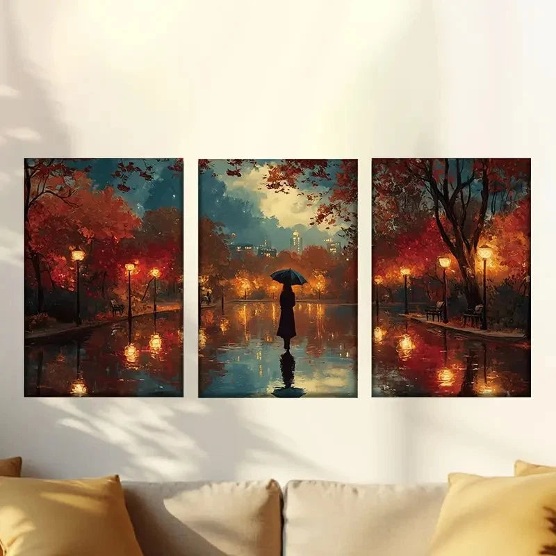 3pcs Vibrant park landscape women and umbrellas Wall Art Set Canvas Framed 40x60cm - High Quality Print 100% Australian Made Wall Canvas Ready to Hang - Bella Home Decor