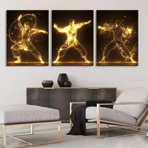 3pcs Glowing Martial Golden Energy Perfect Art Set Canvas Unframed - High Quality Print 100% Australian Made Wall Canvas - Bella Home Decor